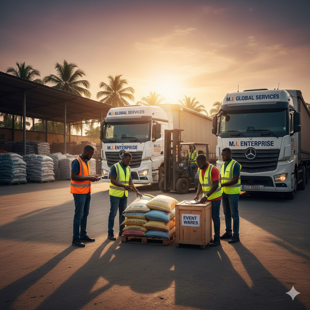 Image of delivery trucks and logistics team confirming shipment